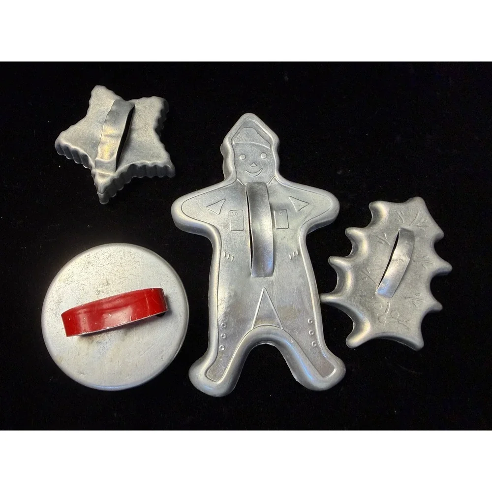 Vintage Aluminum Cookie Cutter 4 pc Set: Gingerbread Man, Star, Holly, Round